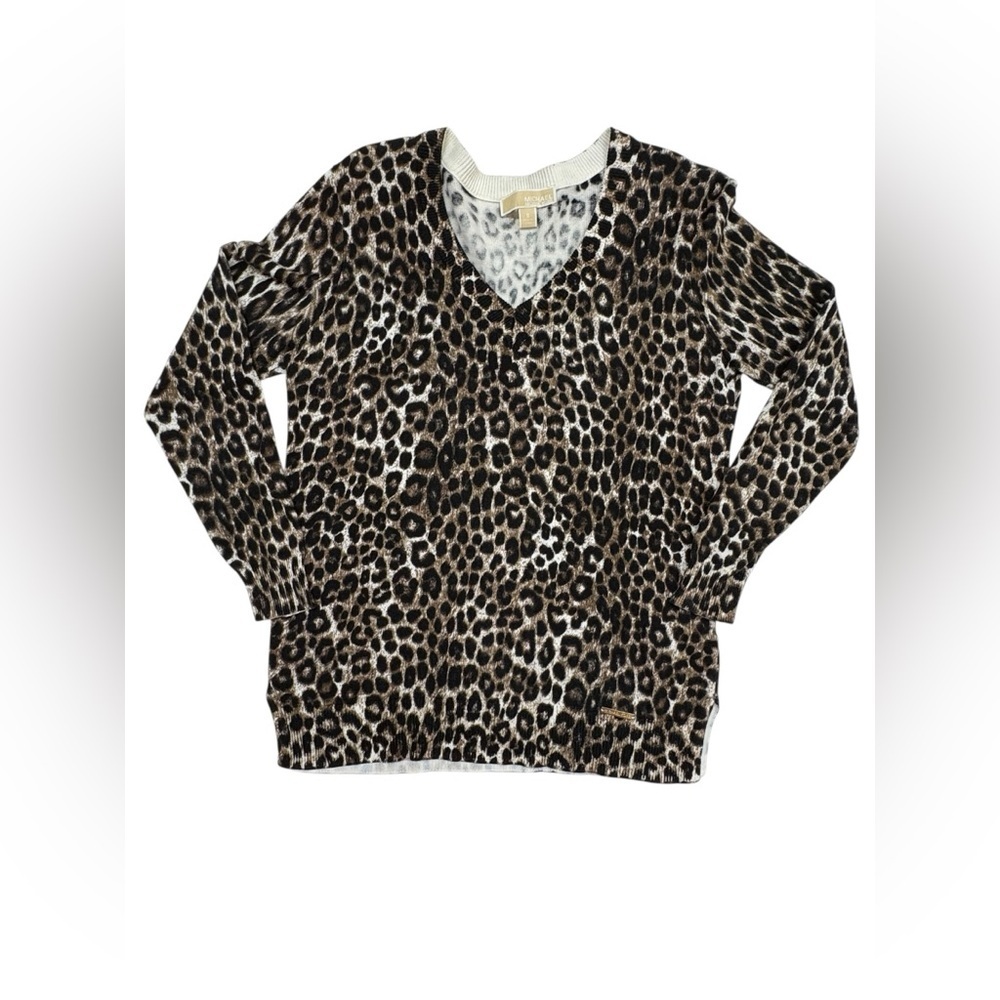 Michael Kors Animal Print V-Neck Sweater in Brown and Black